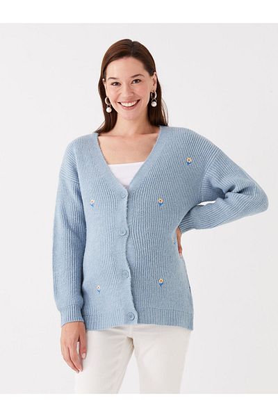 LC Waikiki V-Neck Embroidered Long Sleeve Maternity Knitwear Cardigan