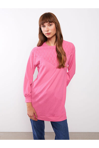 LC Waikiki Pink Crew Neck Embroidered Long Sleeve Women's Tunic