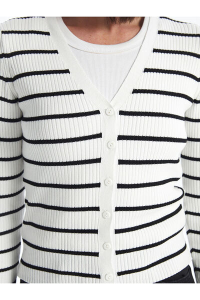 LC Waikiki Gestreifter Damen-Strickjacke mit langen Ärmeln und V-Ausschnitt