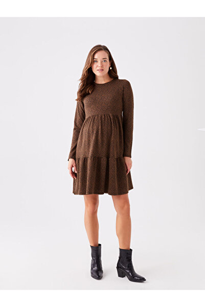 LC Waikiki Kahverengi Bisiklet Yaka Desenli Uzun Kollu Hamile Elbise