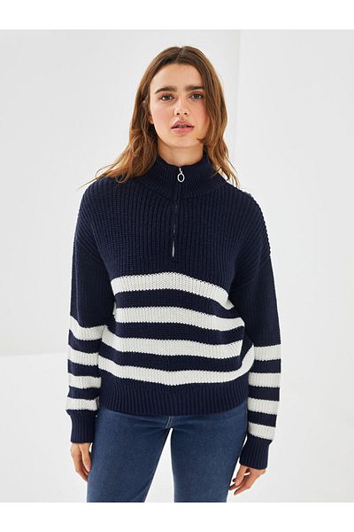LC Waikiki LCW Vision - Stand Collar Striped Women's Knitwear Sweater, Long Sleeve