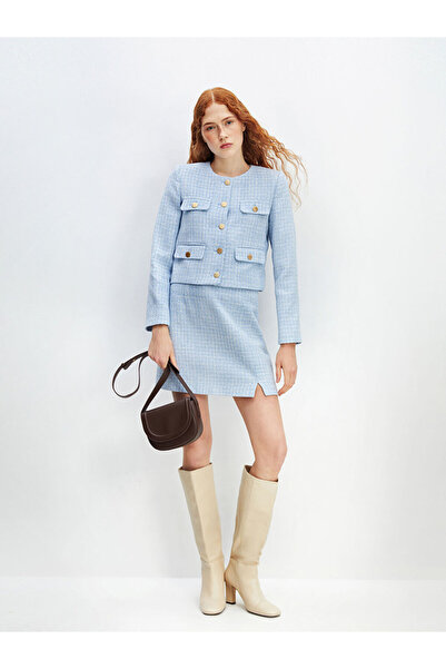 LC Waikiki Mavi Bisiklet Yaka Ekose Kadın Tüvit Ceket