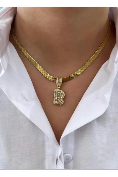 YASİN TOPÇU قلادة من الفولاذ الذهبي بحرف R مقاس 45 سم