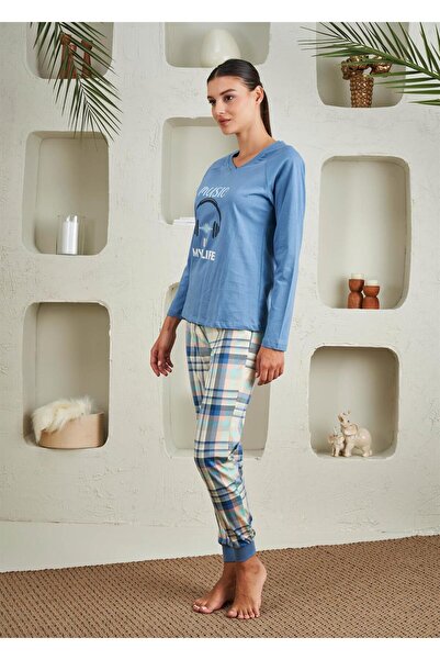 Relax Mode Kadın V Yaka Penye Pijama Takım - 10748