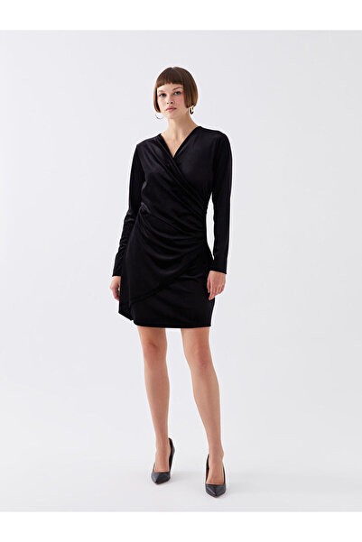 LC Waikiki LCW Vision Czarna sukienka wieczorowa z długimi rękawami i kołnier...