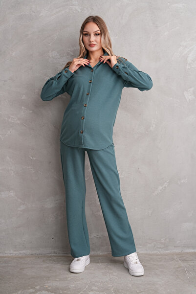 Miss Dünya Lissa Pregnant and Maternity Bottom Top Suit with Front Button Corded Twisted Fabric Pockets