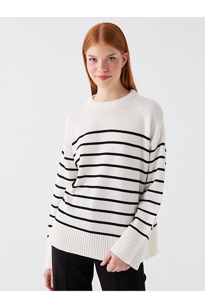 LC Waikiki Gestreifter, langärmliger Damen-Strickpullover mit Rundhalsausschnitt