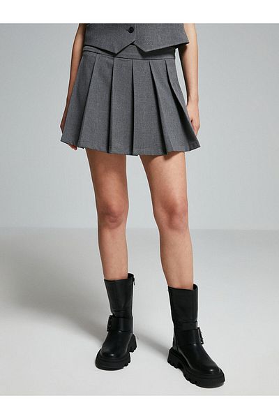 LC Waikiki Lcw Vision Gray Melange Women's Pleated Shorts Skirt with Zippered Waist