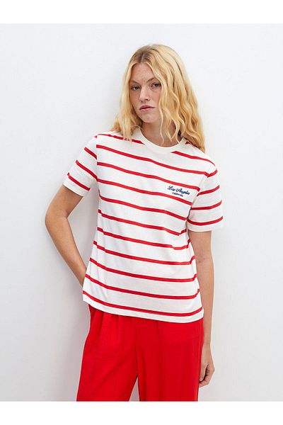 LC Waikiki Ecru Striped Oversize Women's T-Shirt - Crew Neck Lcw Vision