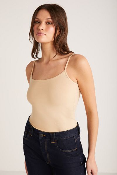 ETHIQUET Khloe Women's Slim Fit Slim Fit Cotton Thin Strap Square Collar Zero Sleeve Basic Beige Tank Top