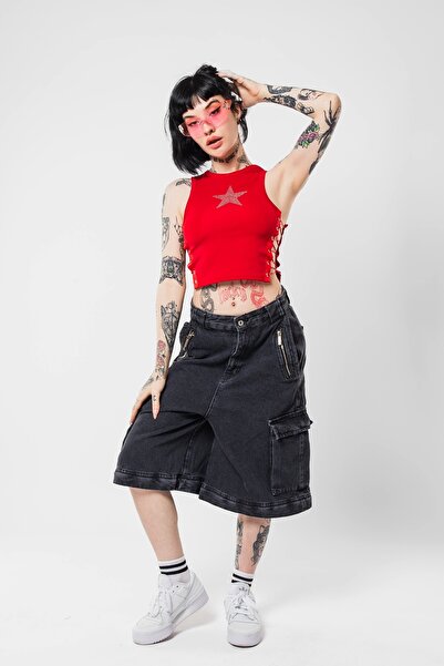 Bak Moda Червоний кроп-топ - з вишивкою у вигляді зірок та зав'язкою збоку