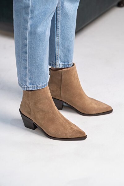 FSKOMBİN Jesus Kadın Camel Süet Hakiki Deri Kalın Topuklu Bot