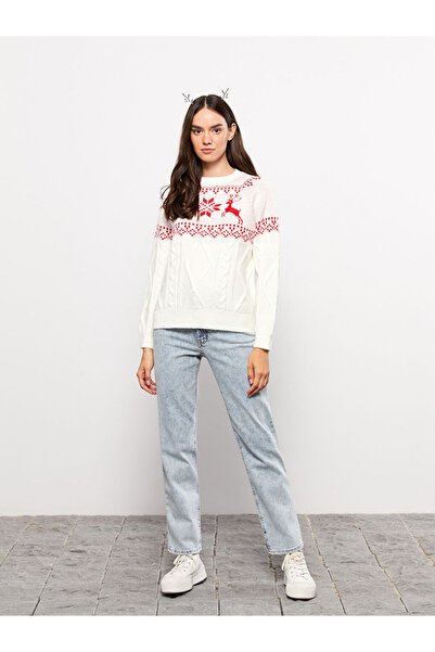 LC Waikiki Dik Yaka Yılbaşı Temalı Uzun Kollu Kadın Triko Kazak