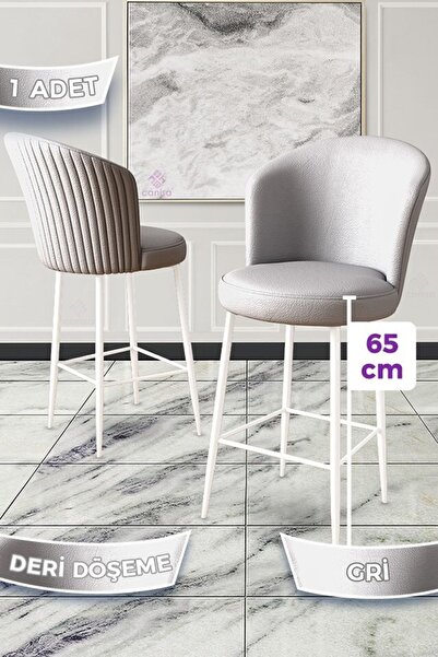 Canisa Rika Serisi 1 Adet Gri 65 Cm Deri Bar Sandalyesi Beyaz Metal Ayaklı Ad...