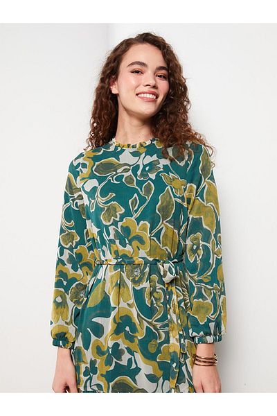 LC Waikiki Ruffled High Collar Patterned Long Sleeve Women's Dress