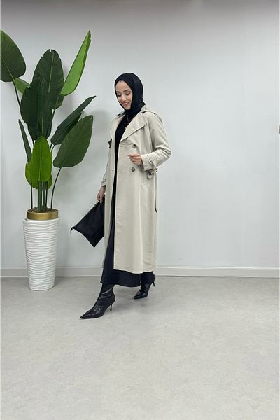 Tesettür Diyarı Torino Fabric Trenc 120cm - Back Slit Detail, Cream