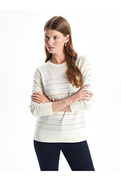LC Waikiki Ecru Crew Neck Striped Women's Knitwear Sweater