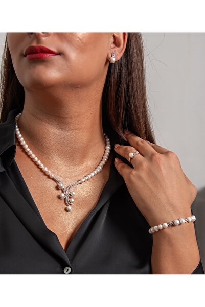 Sinemkacay 925 AYAR GÜMÜŞ RODYUM (BEYAZ ALTIN) KAPLAMA GERÇEK İNCİ SET