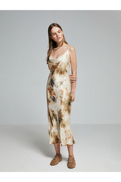 LC Waikiki Rochie de damă din satin cu model cu bretele cu guler drapat