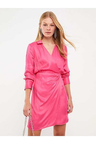 LC Waikiki Lcw Vision Fuchsia Straight Long Sleeve Women's Satin Shirt Dress