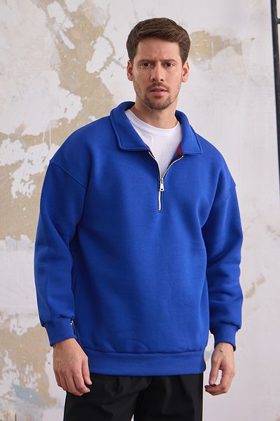 MAXIMILLIAN Men's Sax Blue Half Zipper Sweatshirt - Regular Fit