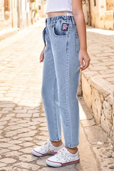Dalikda Kız Çocuk %100 Pamuk Bel Lastikli Mom Fit Dar Paça  Jean Kot Pantolon