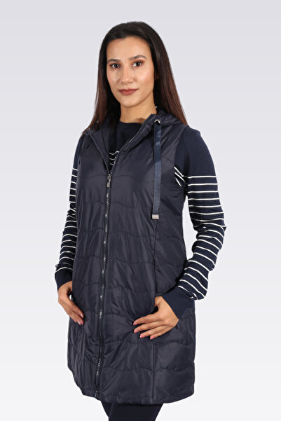 TOLGA SARAÇOĞLU 70041 Dark Blue Hooded Long Quilted Vest