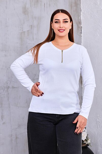 Siyezen Plus Size Zipper Detailed Cotton Lycra Blouse