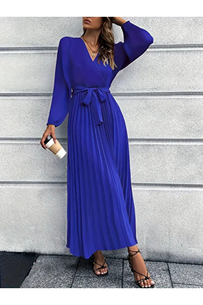 Viyamo Rochie de damă cu mânecă lungă, cu guler dublu, cu centură în talie, plisată, din crep importat