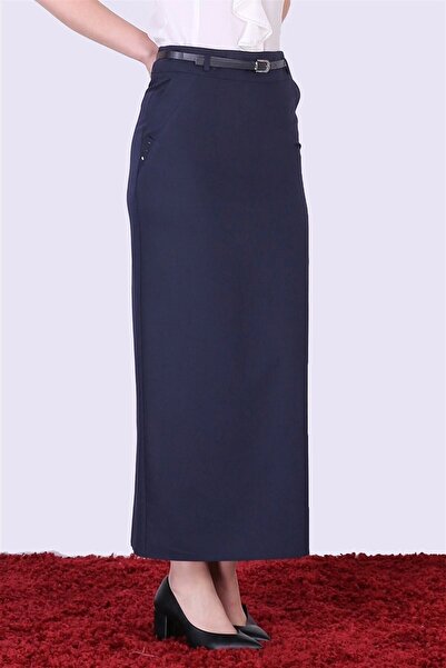 apsen Women's Navy Blue Belted Hidden Pocket Detailed Polyviscose Hijab Skirt 2096/95