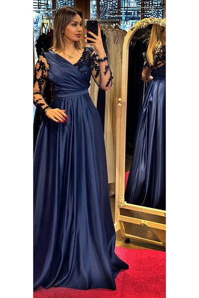 Abiyeniall Navy Blue Long Evening Dress with Satin Lace Flared Skirt - 7510