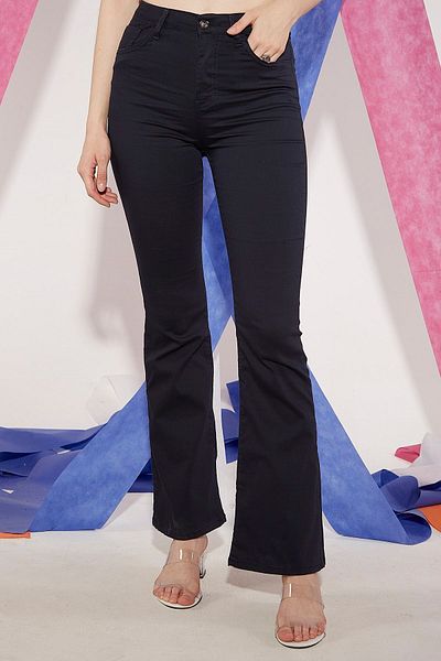 Yağızlar Giyim Women's Navy Blue High Waist Flared Leg Trousers