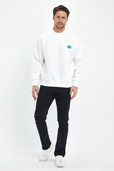 MAXIMILLIAN Ανδρικό κεντημένο oversize φούτερ - λαιμόκοψη, ECRU