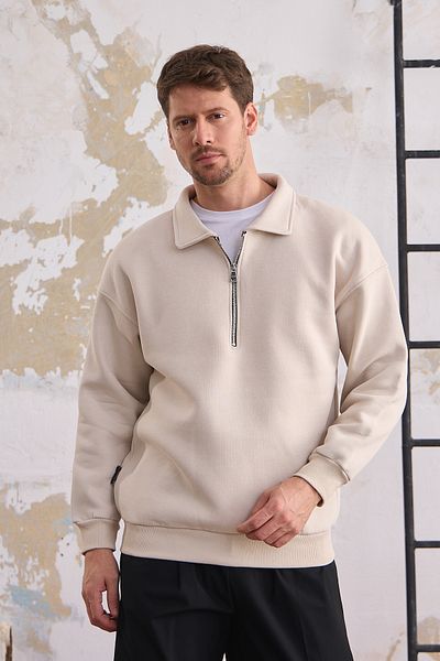 MAXIMILLIAN Men's Beige Sweatshirt - Half Zipper, Regular Fit