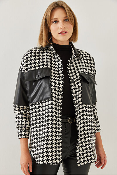 Bianco Lucci Dámská kožená košile se vzorem Houndstooth zdobená známkou 60351193