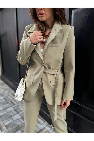 My Blog Light Khaki Belted Jacket Trousers Set-9367-50714