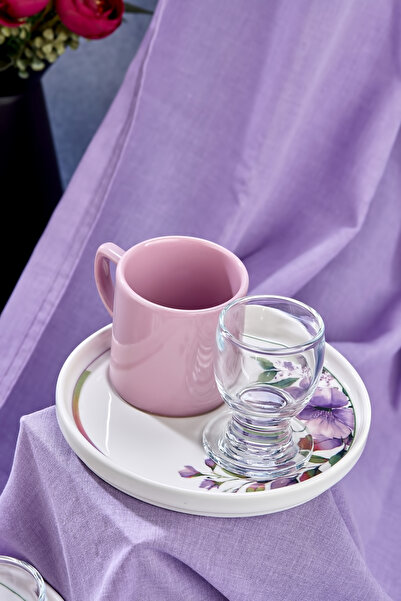 Erbaşlar Sunum Tabaklı, Kahve Yanı Bardaklı 18 Parça 6 Kişilik Kahve Fincan Takımı, Seti