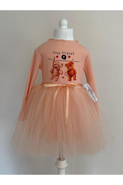 neocotton Rochie pentru fetiță, căptușită din bumbac, cu mânecă lungă, cu imprimeu cu ursuleți de pluș