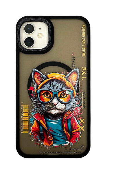 İphone 15 Pro Max Magasafe Sarjlı Karikatürlü Kedi Baskılı Dayanıklı Sert Kılıf