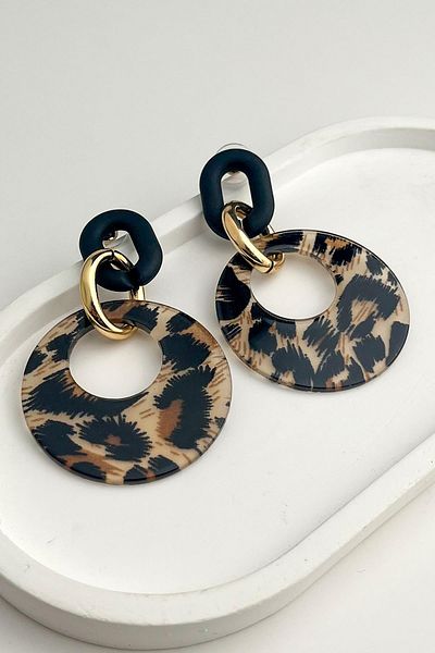 Modex Metal Detailed Leopard Print Dangle Earrings (4*7 cm)