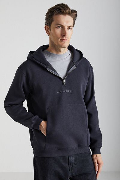GRIMELANGE Pavle Men's Hooded Kangaroo Pocket Zipper Collar Black Sweatshirt