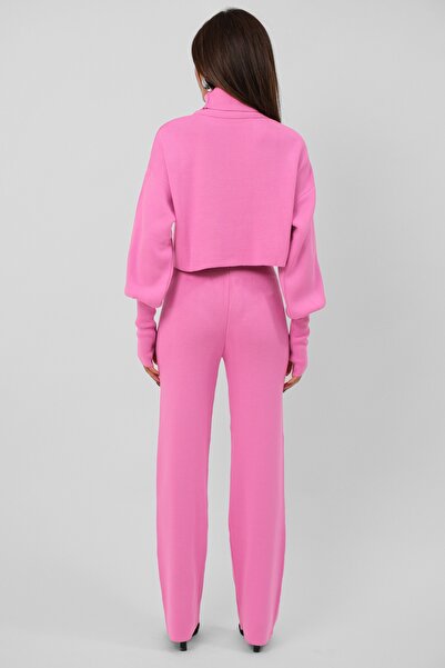 4S1B FASHION Pink Knitwear Crop Sweater and High Waist Pants Set - Turtleneck Turtleneck, Hand Snap 015