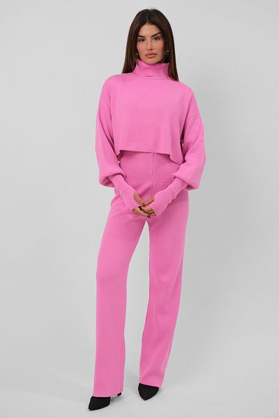 4S1B FASHION Pink Knitwear Crop Sweater and High Waist Pants Set - Turtleneck Turtleneck, Hand Snap 015