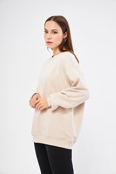 Chandraswear Bej Kadın Oversize Basic Şardonlu Sweatshirt - Karmen