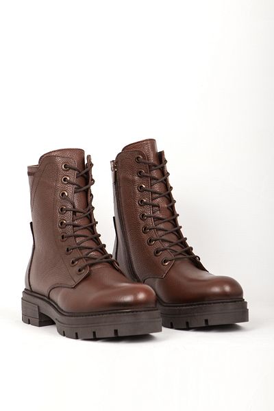 Dericlub Γυναικείες μπότες Tan Real Leather - Casual Br 66286 με κορδόνια, χοντρή σόλα και φερμουάρ