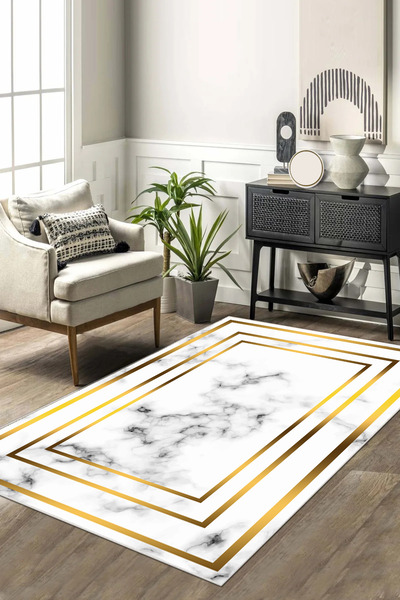 Halise Home Mermer Desenli Gold Çerçeveli Kaymaz Tabanlı Yıkanabilir Baskılı ...