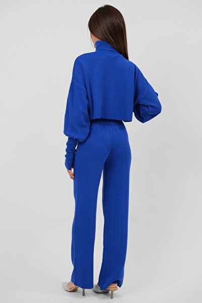 4S1B FASHION Saks Blue Turtleneck Crop Sweater and High Waist Pants Set - 015