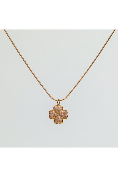 FOURSOLOS Steel Women's Necklace, Clover and Stone Detail, Gold Color, No:83