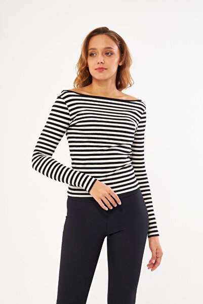 Chandraswear Black Women's Back Detailed Striped Camisole Blouse - Bono