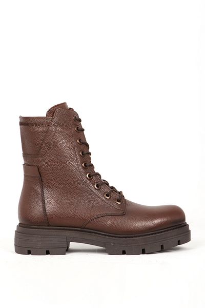 Dericlub Γυναικείες μπότες Tan Real Leather - Casual Br 66286 με κορδόνια, χοντρή σόλα και φερμουάρ